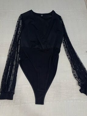 SHEIN Black Polka Mesh Sleeve Wrap Bodysuit